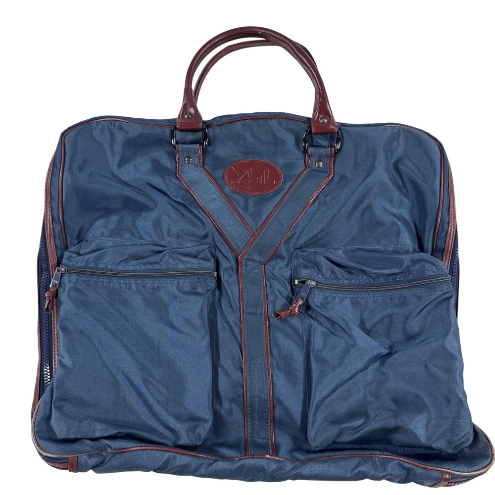 Vintage Yves Saint Laurent Blue Nylon Leather Trim Garment Travel Bag